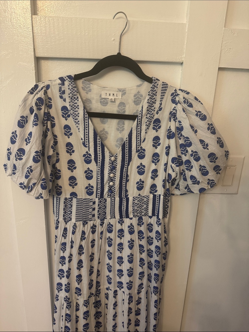 THML White Dress with Blue Floral Print and Puff Sleeves. Work once.